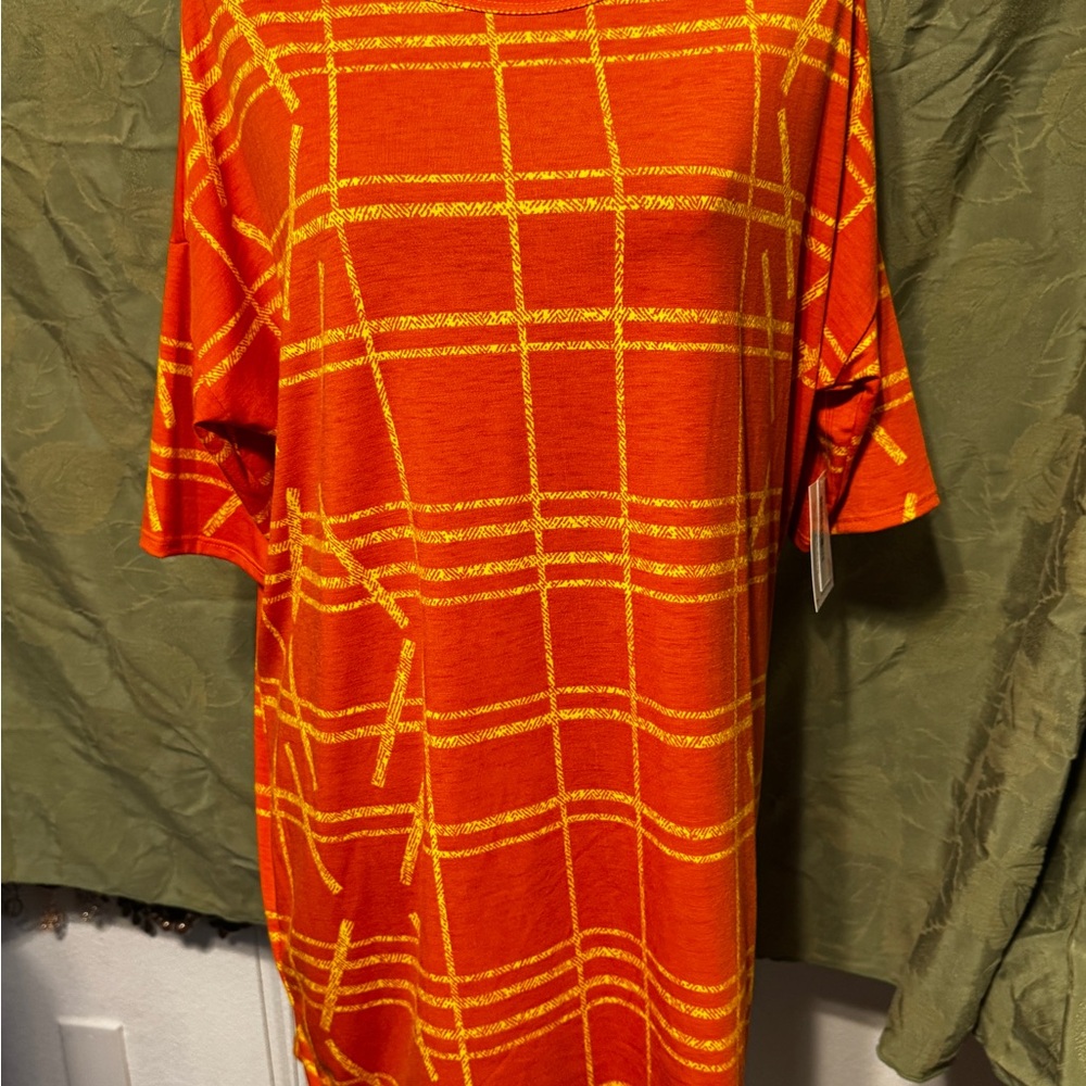 LuLaRoe Irma Vibrant Orange and Yellow Tunic Top Sz M NWT